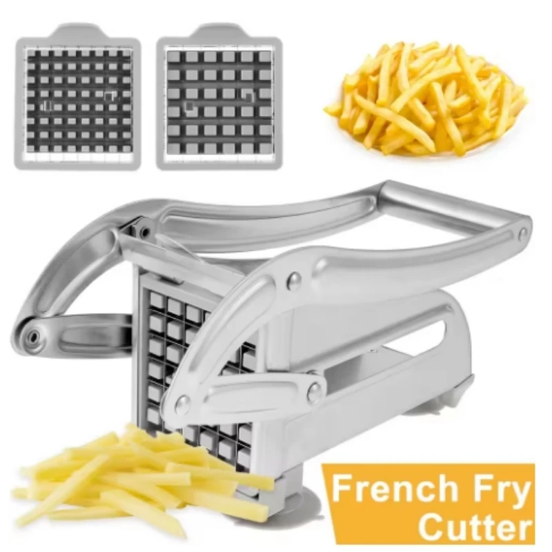 Rebanador de patatas, cortador de patatas fritas con 2 cuchillas de acero inoxidable, herramienta cortadora Manual multifuncional de acero inoxidable
