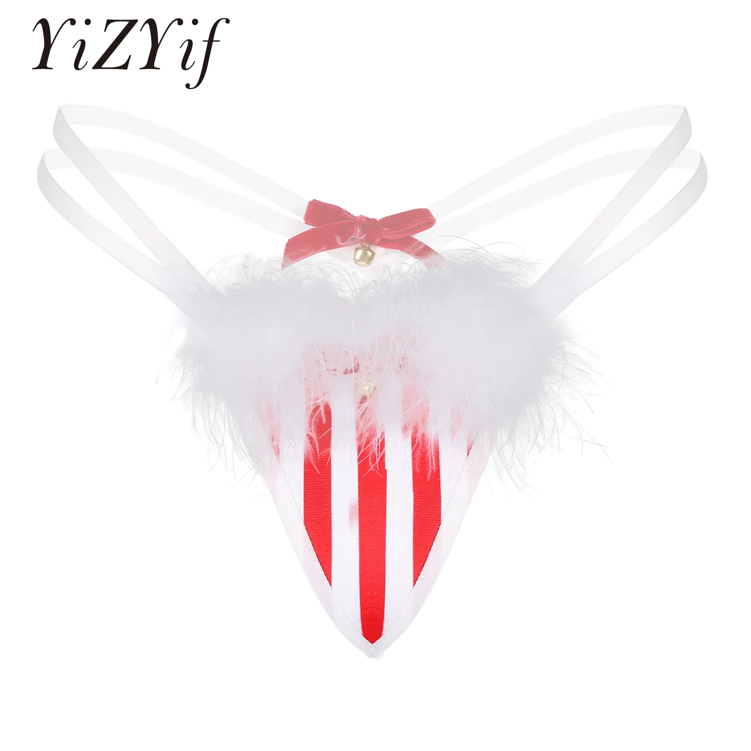 Women Christmas Striped Lingerie G-String Underwear Feather Trimming Bowknot Bell T-Back Thongs Briefs Underpants Couples Gift