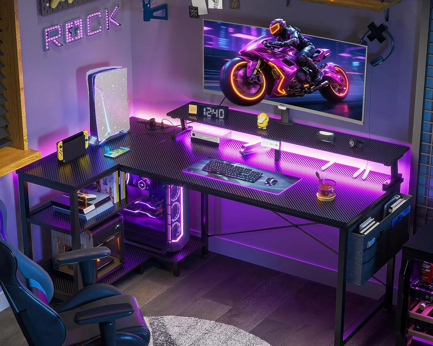 Gaming Office Use, Black Desk with USB Charging Ports, Led Lights, Reversible L Shape, Storage Shelves and Monitor Stand
