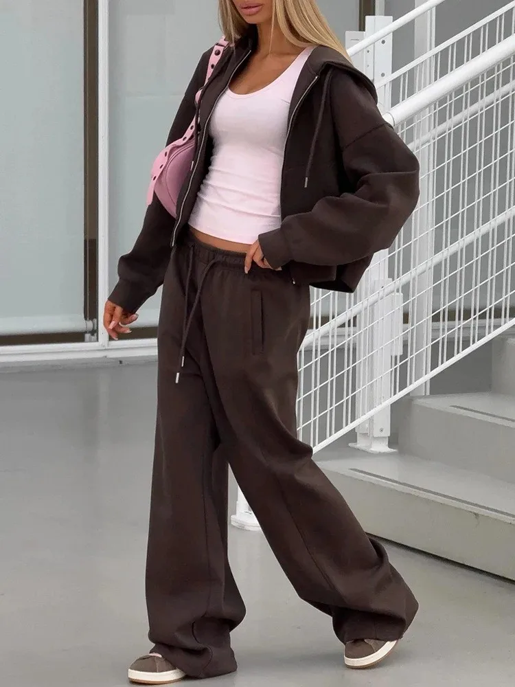 여성용 솔리드 컬러 캐주얼 레이스업 투피스 세트 패션 포켓 가디건 후드 코트 롱 팬츠 수트 가을 겨울 여성복