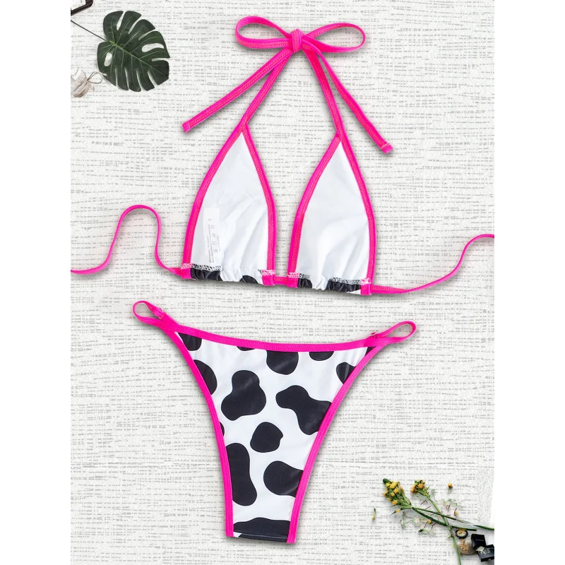 Damski strój kąpielowy dwuczęściowy bikini z wiązaniem na szyi, czarno-biały wzór krowy, seksowny mikro trójkąt z narzutką.