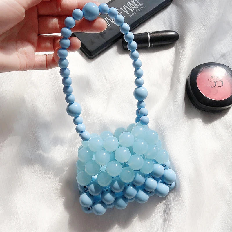 Gradient Blue Carrying Beaded Bag Fashionable Simple Handwoven Women\'s Bags Cute Mini Summer Ladies Handbag 2023 New Purse