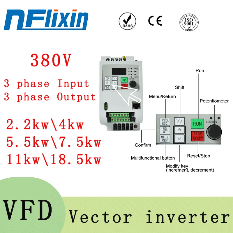 

380V three-phase input/output VFD 1.5/2.2/3/5.5/7.5/11/18.5KW, supports RS485 communication.