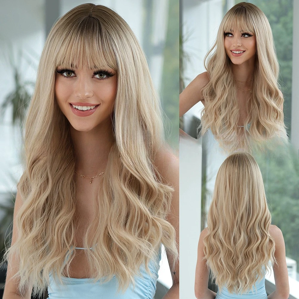 

Wig female Qi bangs curly hair full head cover natural blond European and American wig long hair