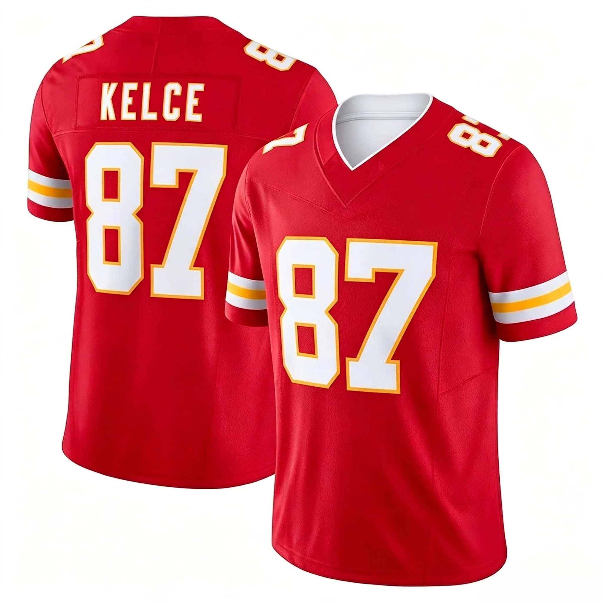 Herren 87 Kansas City Red Heim-Fußballtrikot mit Nummer, gestreiften Bündchen, V-Ausschnitt, kurzen Ärmeln, Kisd Sports Fan-Trikot, passend für die ganze Familie