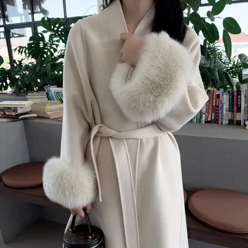 

Women Autumn Winter Woolen Coat 2025 New High-End French Style Fur Sleeves Mid-Length Woolen Coat Women Long Coat Loose Outwear