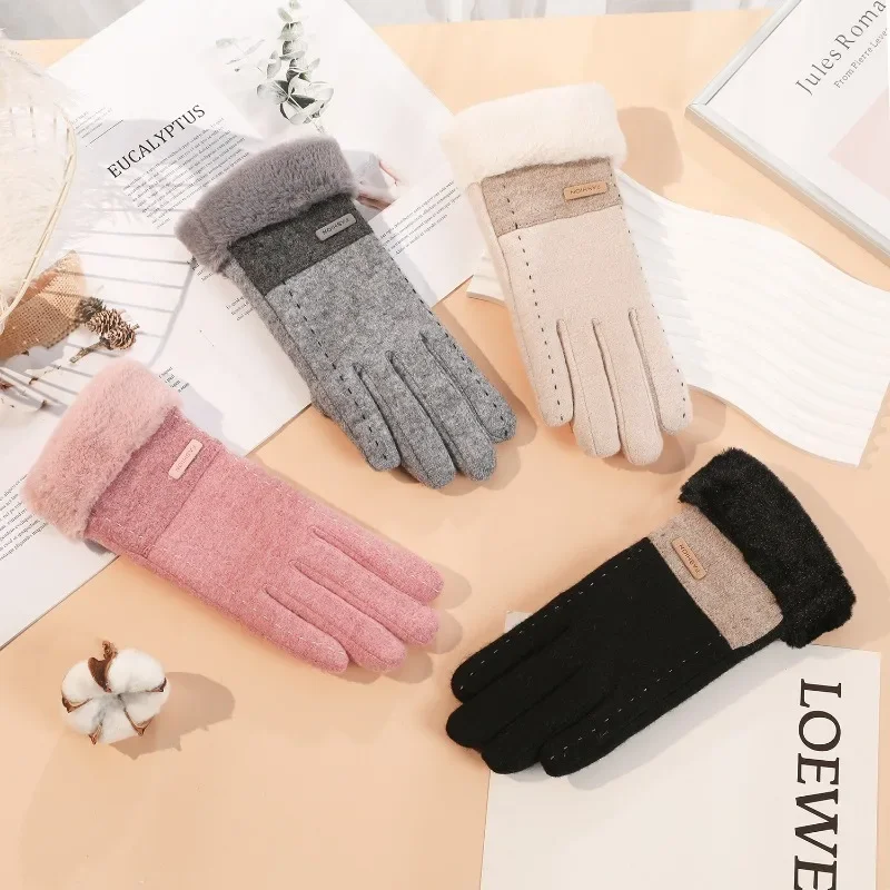 Warm Gloves Women's Wool Korean Version Driving Cold-proof Piled Thickened Outdoor Windproof Riding Winter Touch Screen Gloves