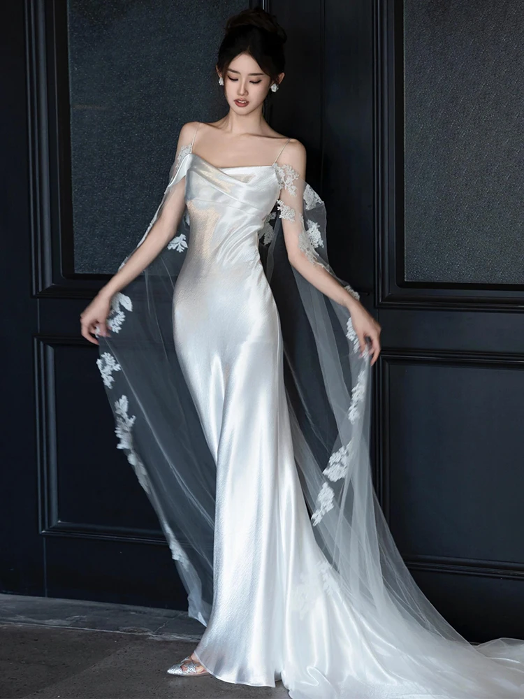 

Ele Strapl Bridal Gown in Satin Fi Tail Bal Wedding Dr for Bride Hotel Indoor Ocn Soft Satin Fabric