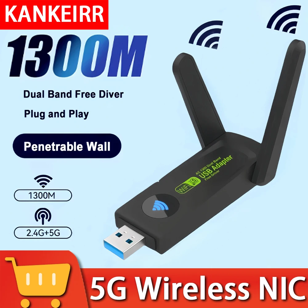 1300Mbps USB3.0 Adapter WiFi Dual Band 2.4G 5Ghz Wireless WiFi Adapter Antenna USB Ethernet NIC Receiver for PCs