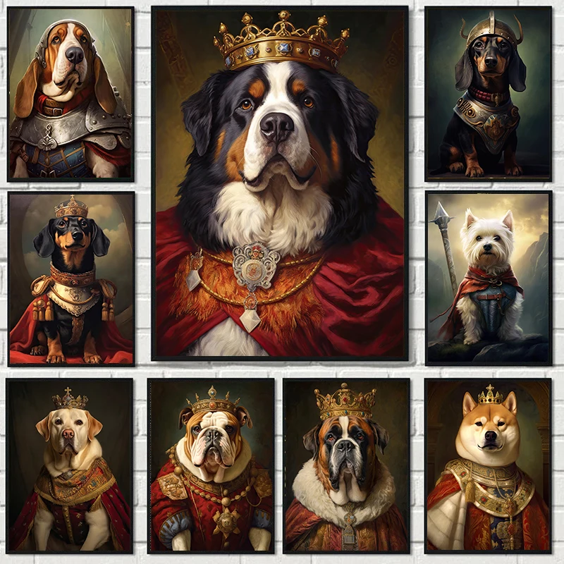 King Noble Dog Vintage Oil Print Portrait Poster Dachshund Labrador Bernese Mountain Dog Wall Art Canvas Painting Pet Home Decor