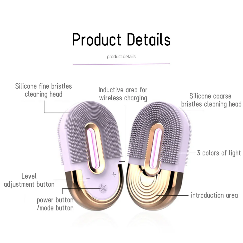 Elektryczny oczyszczacz do twarzy z trójkolorową terapią światłem + podstawa z efektem pływania. Kompaktowy, ale mocny do głębokiego oczyszczania, delikatnie oczyszcza skórę.