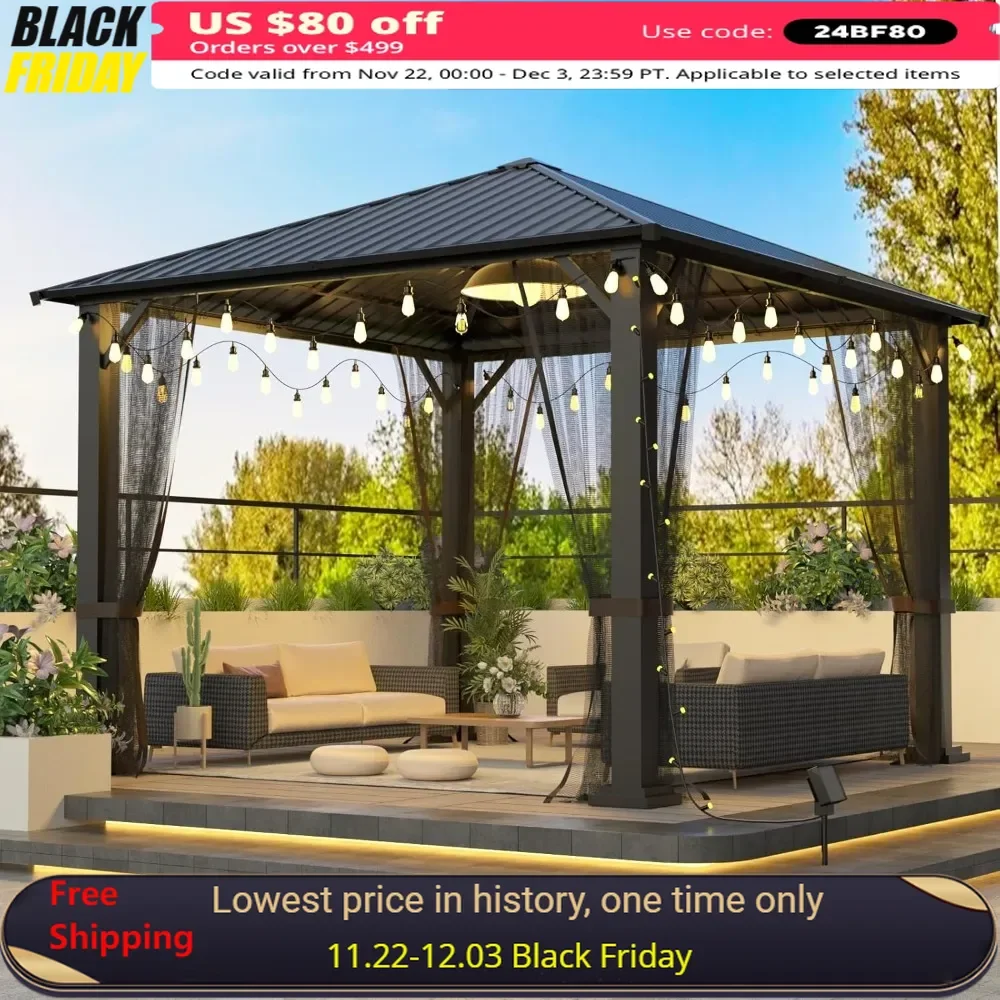 10x10 Hardtop Gazebo, Heavy Duty Galvanized Steel Pergola with Mosquito Nets, Sturdy Outdoor Canopies Tent, Metal Gazebo