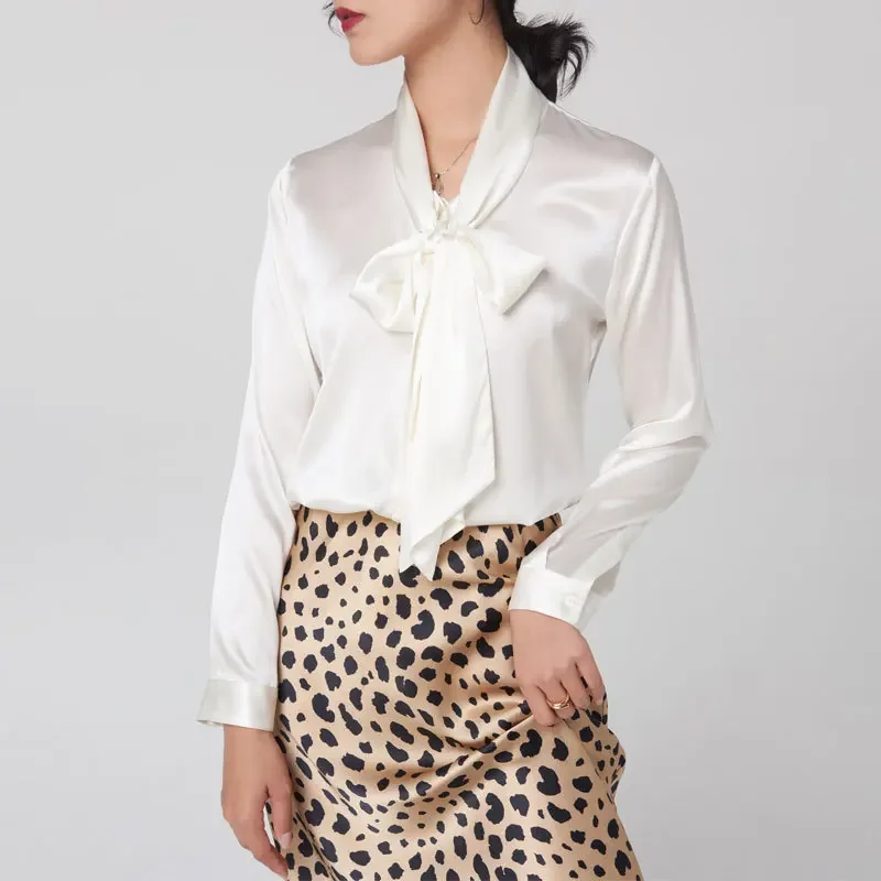 

Heavyweight Mulberry Silk Shirt Women's 2023 Spring and Autumn New Long Sleeve Satin Silk Blouse V-neck Bow Ribbon Shirt