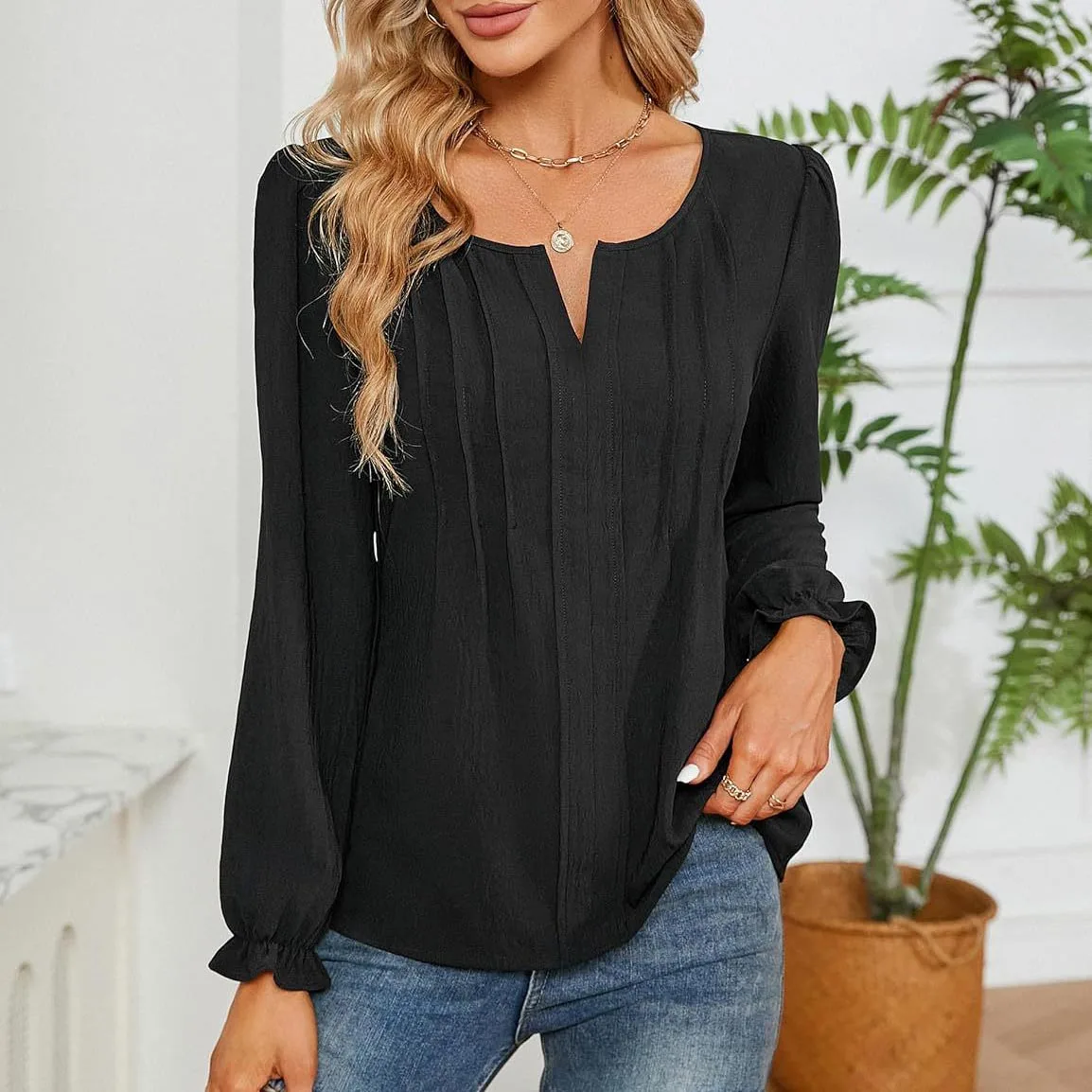 Women's clothing 2025 Amazon Spring/Summer new casual solid color V-neck long sleeved striped chiffon shirt top