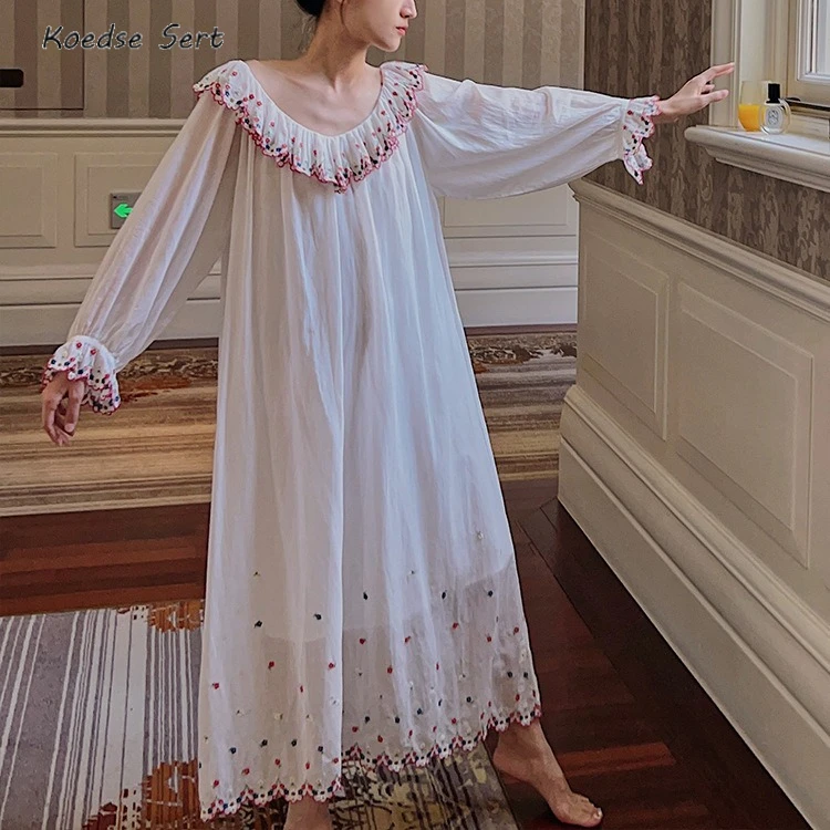 

Ночное платье из чистого хлопка с цветочной вышивкой, женские комплекты из двух предметов, ночная рубашка, винтажная кружевная длинная белая ночная рубашка, одежда для сна принцессы