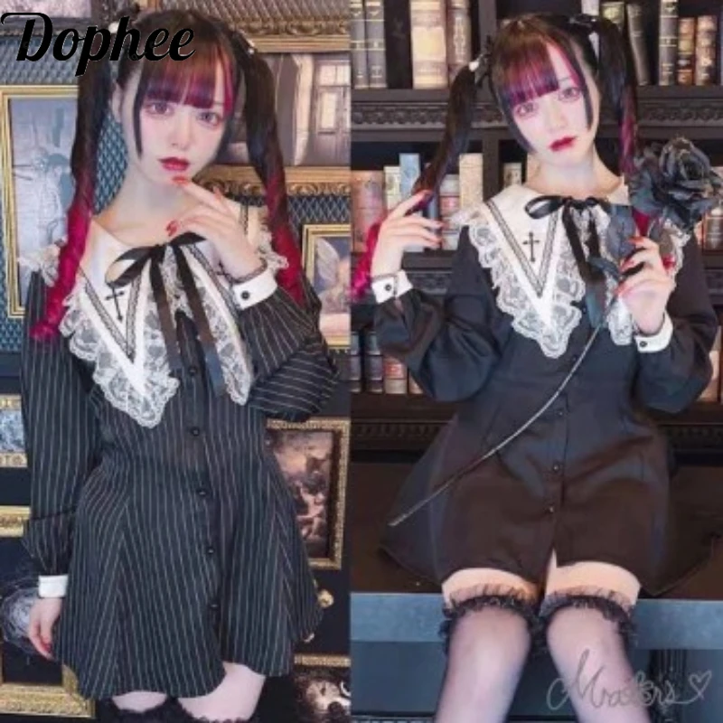 Dophee Japan Style Embroidery Cross Women Two-piece Set Gothic Vertical Stripe Short Sleeve Shirt Dress A-line Shorts Skirt Suit