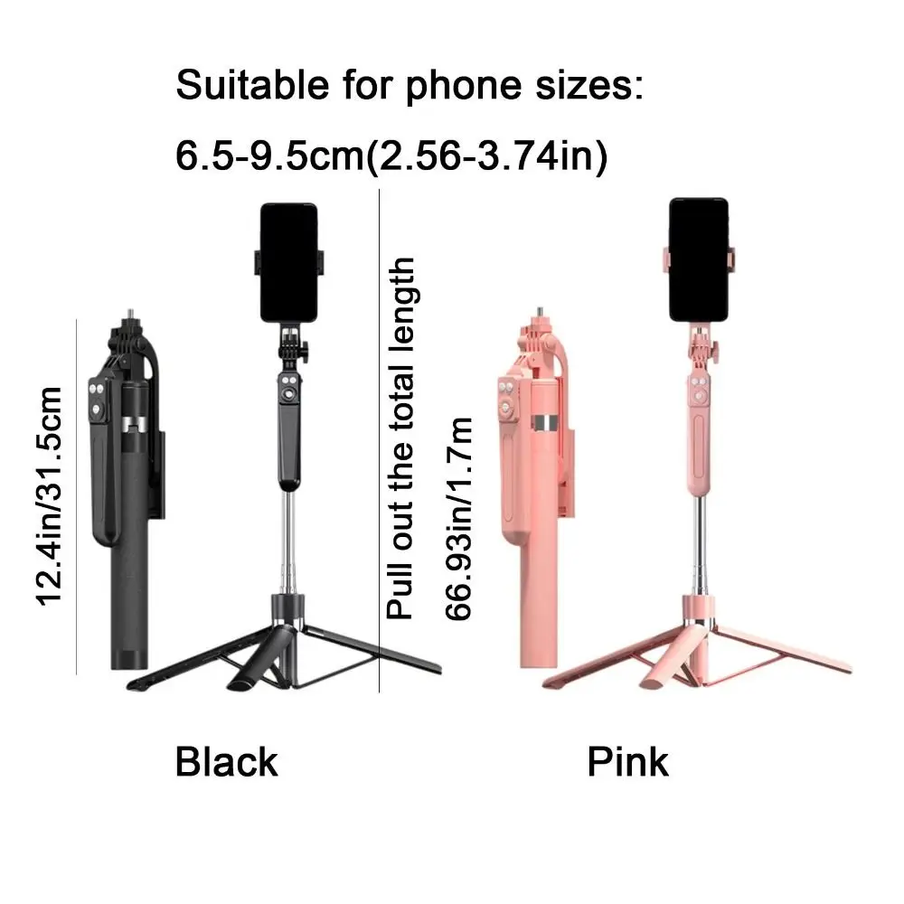 1,7 m Bluetooth-Selfie-Stick, kabellose Fernbedienung, faltbares Design, Selfie-Stick-Halterungen, erweiterbar 360° °   Drehbarer Telefonständer