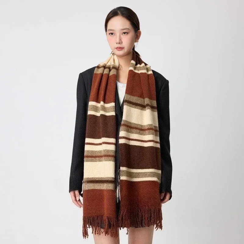 New Vintage Contrast Striped Scarf Lady Frayed Edges Fringes Women's Fall Winter Warm Versatile Knitted Wrap Female Chic Scarves