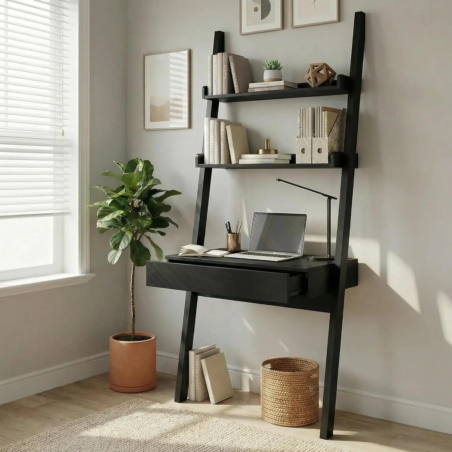 Small Computer Desk With Ladder Shelf & Drawer, Home Office Writing Desk With Storage, Modern Study Desk For Bedroom, Customized
