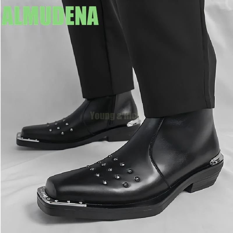 Square Head Rivet High Top Boots Metal Head Side Zipper Leather Casual British Style Square Heel Height Increasing Short Boots