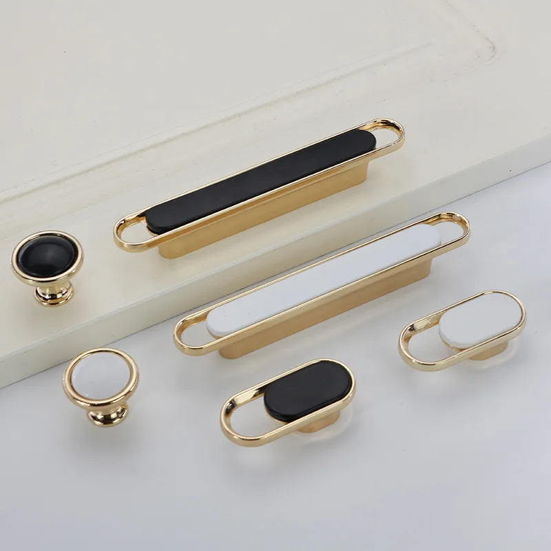 White/Black Cabinet Handles and Knobs Bright Gold Wardrobe Pulls Light Luxury Furniture Hardware Zinc Alloy Kitchen Accessories