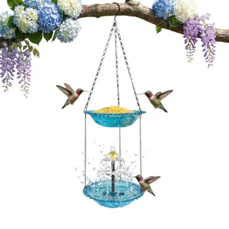 

Hanging Bird Bath with Solar Fountain 9.25" Double Layer Outdoor Birdbath Fountain Hummingbird Birdbath Fountain for Patio Yard