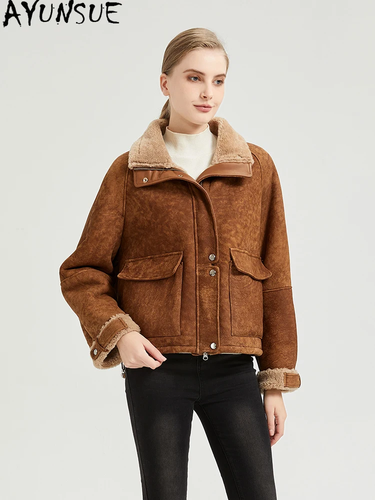 AYUNSUE 2025 ใหม่Shearlingแจ็คเก็ตผู้หญิง 100% ขนสัตว์ธรรมชาติแจ็คเก็ตผู้หญิงเสื้อผ้าMerinoแกะเสื้อขนสัตว์ผู้หญิงС