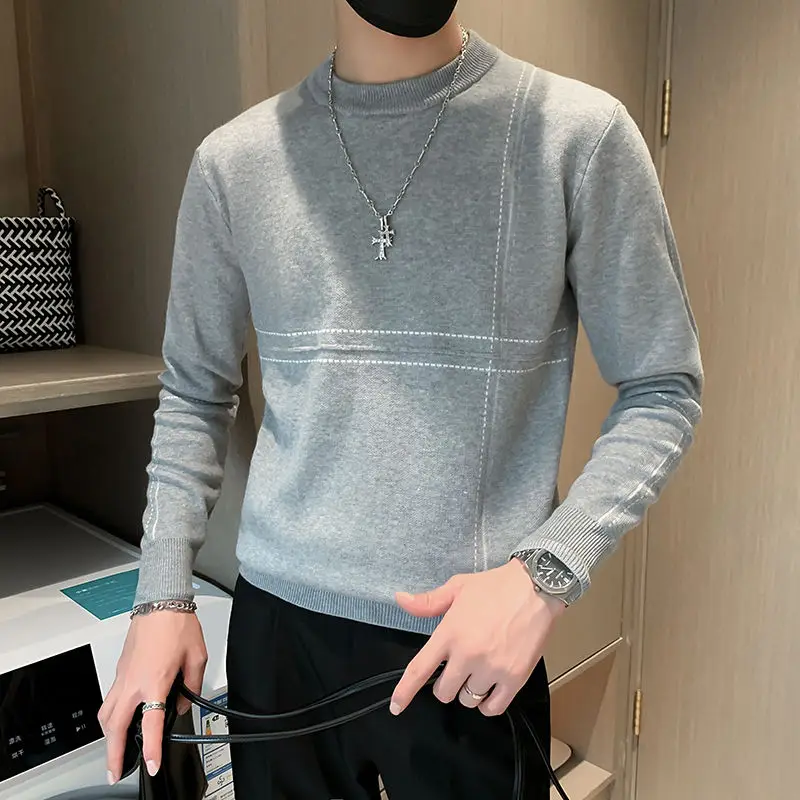 Korean Round Neck Slim Sweaters Autumn Winter Fashion Bright Line Decoration Men's Clothing Basic Long Sleeve Knitted Pullovers