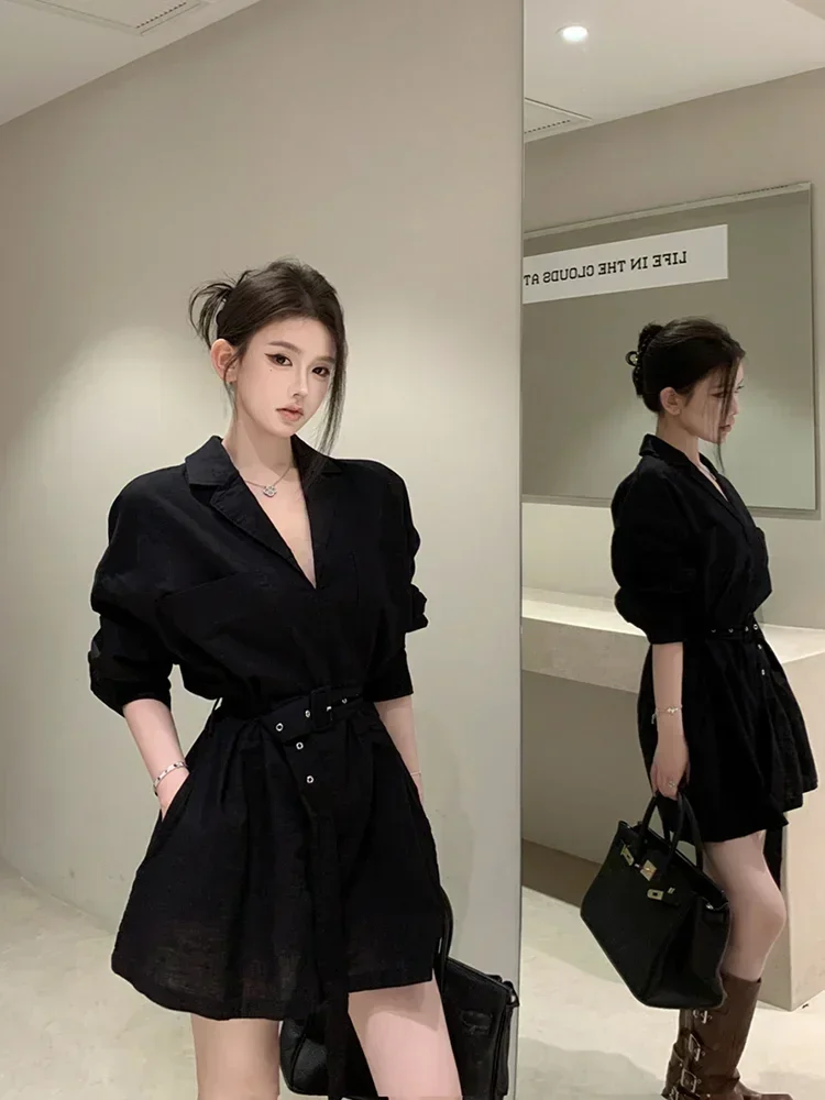 Autumn Korean Vintage Sexy Small Suit Collar Shirt Dress Women's Long Sleeve Fashion Waist Slim A-line Female Vestidos with Belt