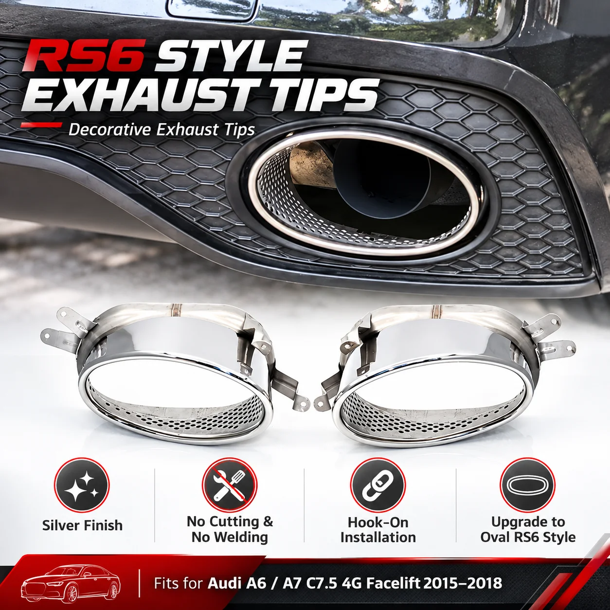 Oval Exhaust Tip Stainless Steel Exhaust Pipe For 2015-2018 Audi A6 A7 C7.5 4G Facelift Upgrade RS6 RS7 Style Muffler Tailpipe