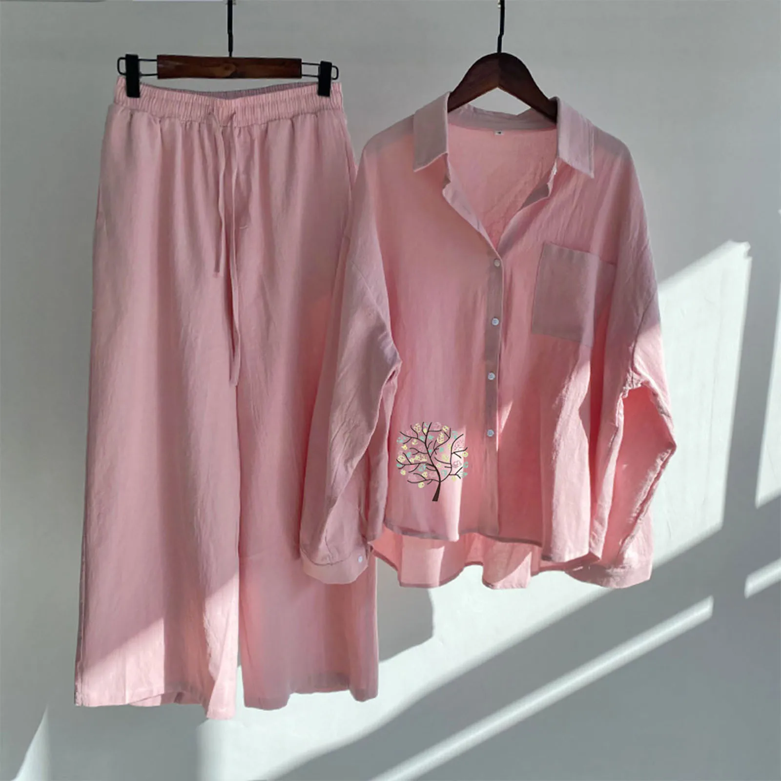 

2025 Autumn Women New Floral Print Lapel Shirt + Loose Drawstring Wide Leg Trousers Two-Piece Set Womens Comfort and Elegant Set