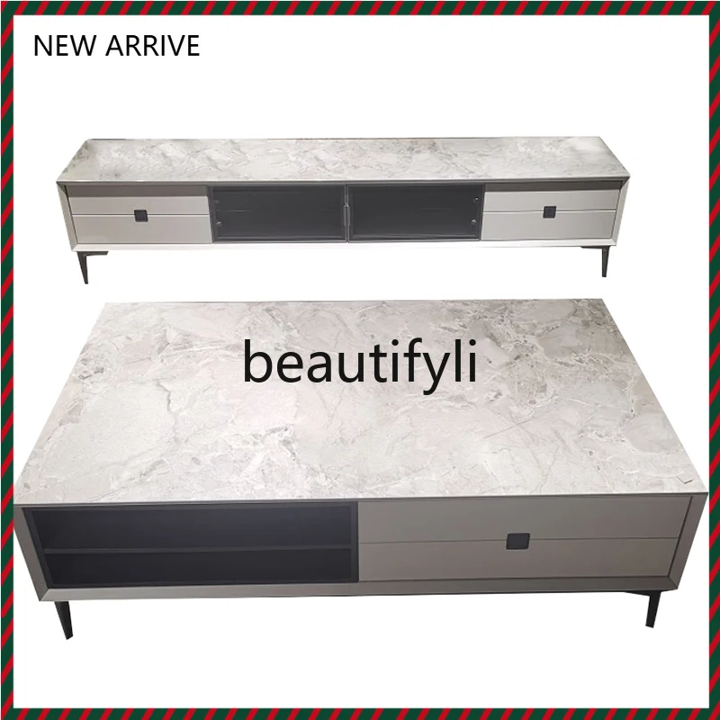 

Qianpai modern simple coffee table small apartment TV cabinet coffee table combination light luxury rock slab G1218