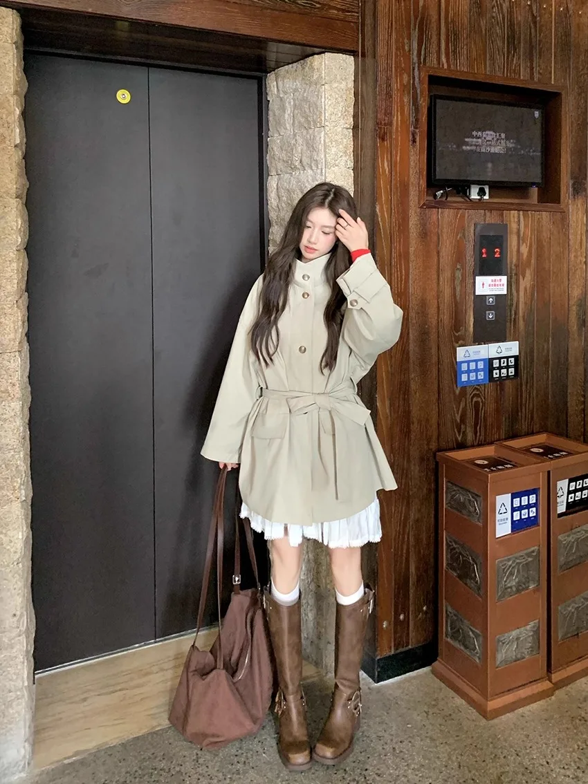 

Новое осеннее пальто Joeyoo с воротником-стойкой, приталенное, с поясом, средней длины, женское, модное, в корейском стиле, свободного кроя