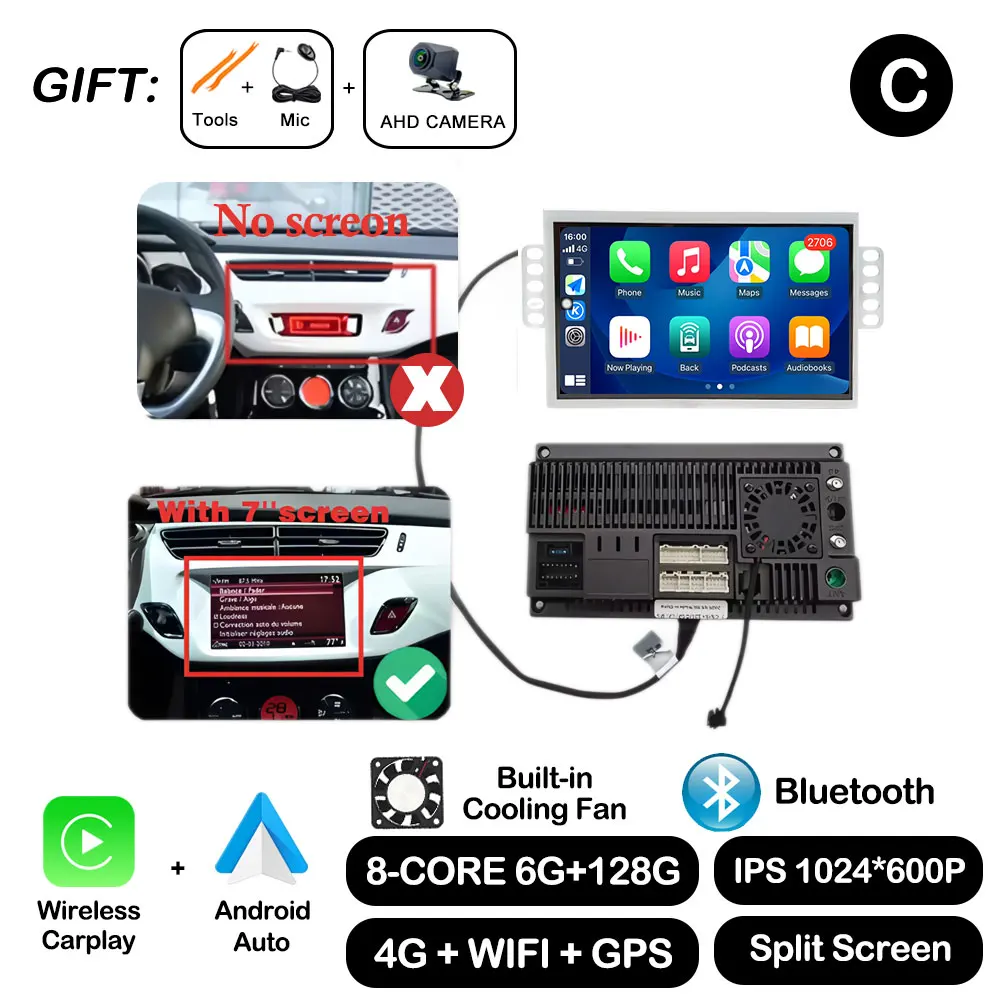 7 "Android Auto Voor Citroen C3 DS3 Autoradio Multimedia Speler Monitor Stereo Navigatie GPS BT Draadloze Carplay Touchscreen