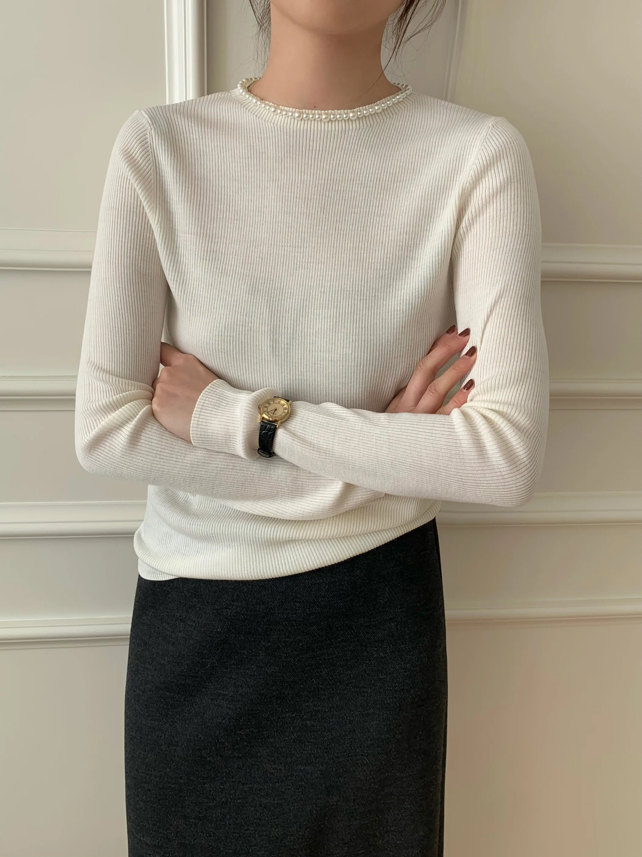 

Sunny Home round Ne Beaded Yangzi Wool 20S Elastic Extra Large Slim Fit Woolen Knitted Base irt Women's Commute Sle Lo...