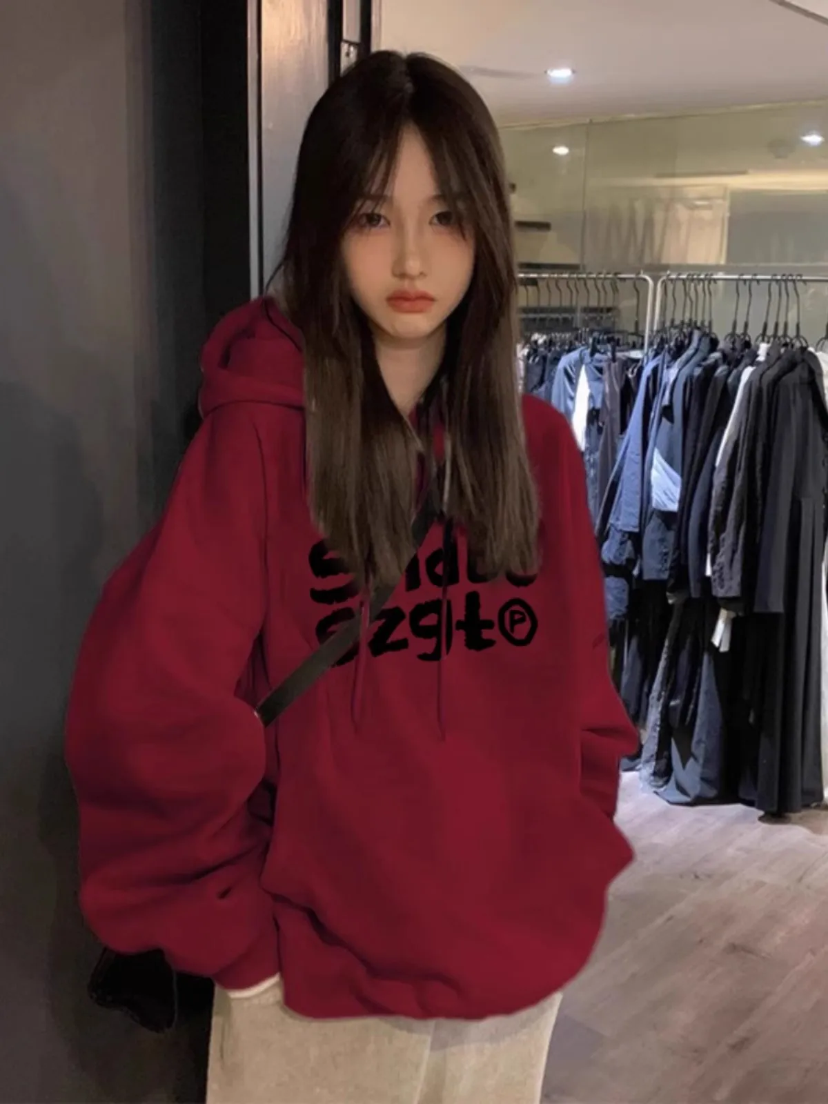 Burgundy Hooded Sweatshirt for Women Spring & Fall Thin NicheoversizeAmerican Retro Hong Kong Style Loose Outwear Top