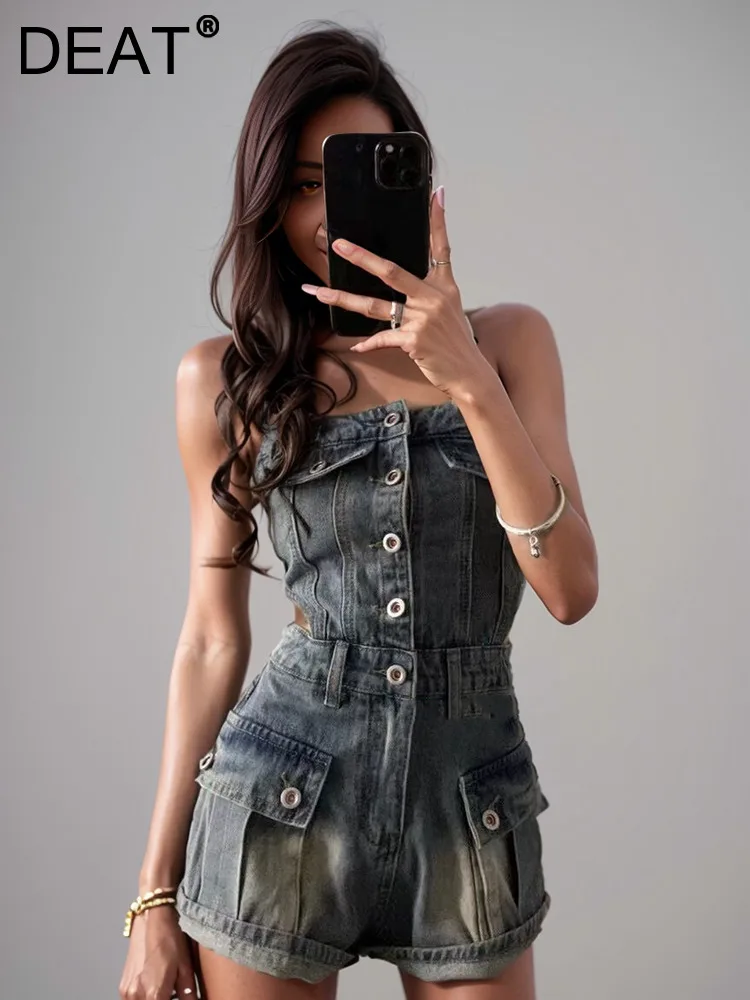 

DEAT Trendy Fashion Women's Single Breasted Design Denim Cargo Playsuits 2024 Summer Pockets Strapless Rompers Female 33A1583