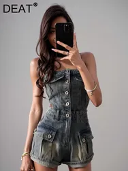 DEAT Trendy Fashion Women's Single Breasted Design Denim Cargo Playsuits 2024 Summer Pockets Strapless Rompers Female 33A1583