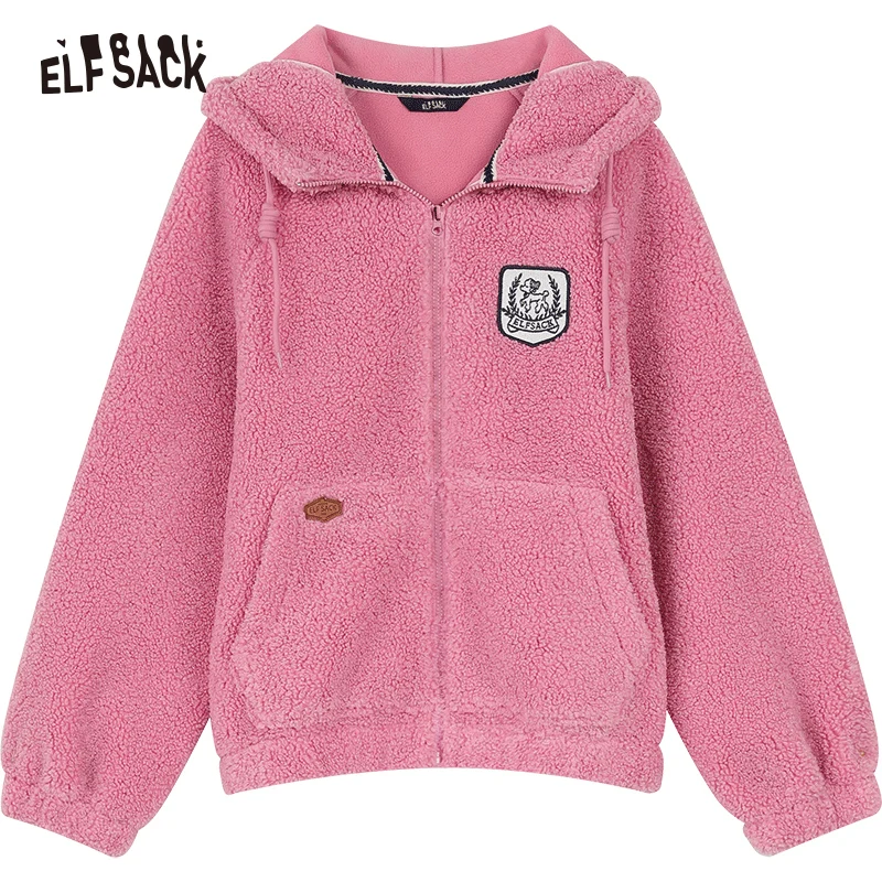 ELFSACK Hoodies Fleece Cotton Coats Women 2023 Winter Patch Dog Short Outwears