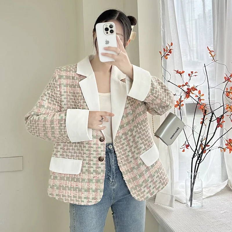 Korean Style V-neck Long Sleeve Women's Short Suit Jacket 2024 Spring and Autumn Loose Casual Age-reducing Coat Lady Suit Top