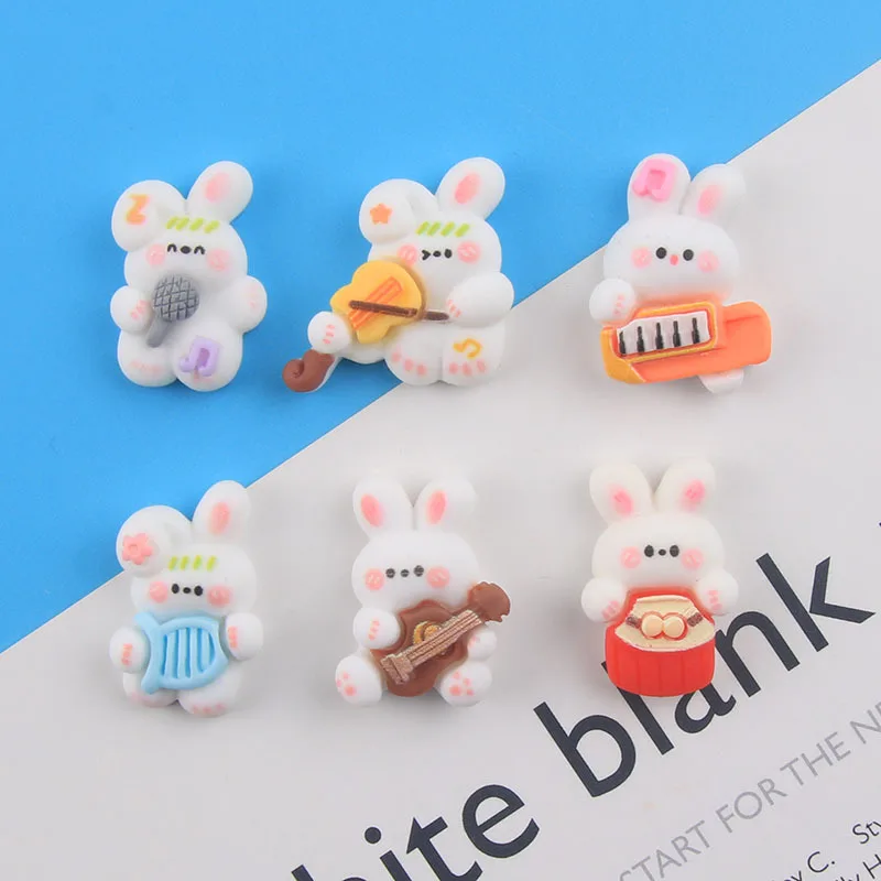 10Pcs Cute Flatback Resin Cabochons Kawaii Musical Rabbit Embellishment Cartoon Animal Charms For Scrapbooking Girls Accessories