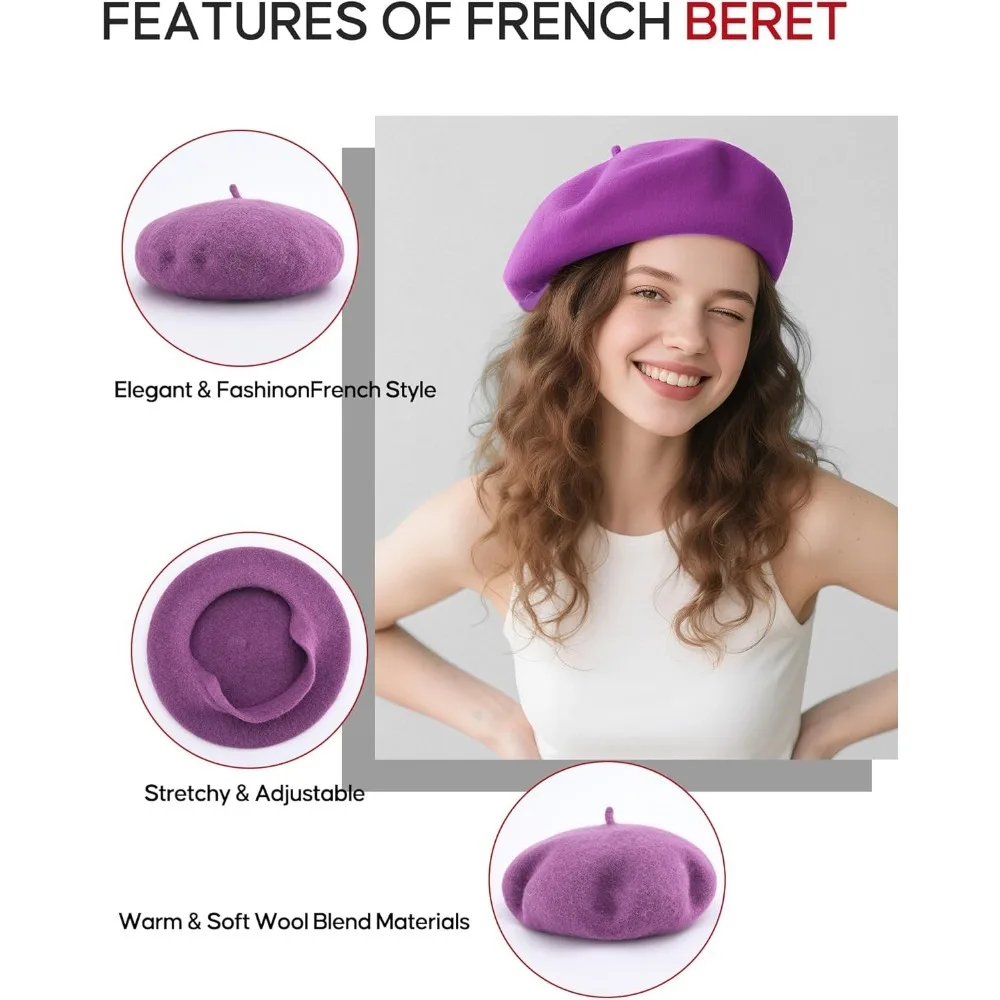 قبعات بيريه للنساء للعطلات من الصوف على الطراز الفرنسي - قبعة كنيسة سوداء/حمراء - ملابس بدون إغلاق وقبعات رجالية #3