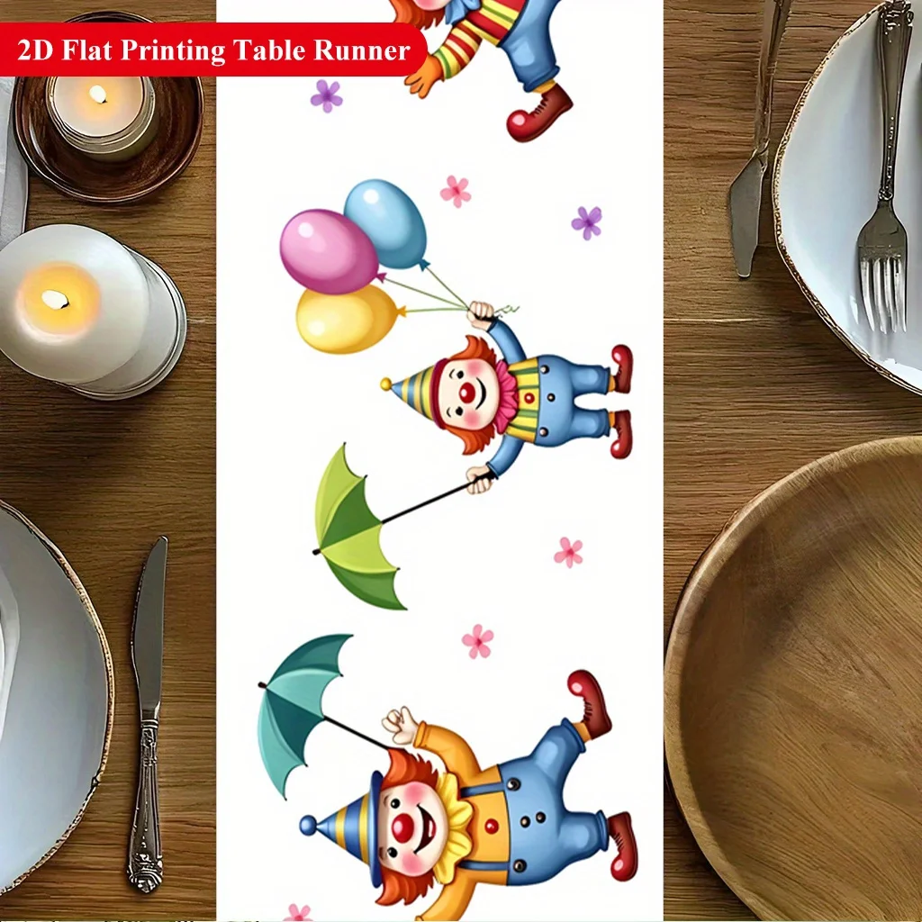 1PC 2D Flat Printing Clowns with Umbrellas Table Runner, Polyester Rectangular Table Decor for Dining Coffee Table, Home Kitchen