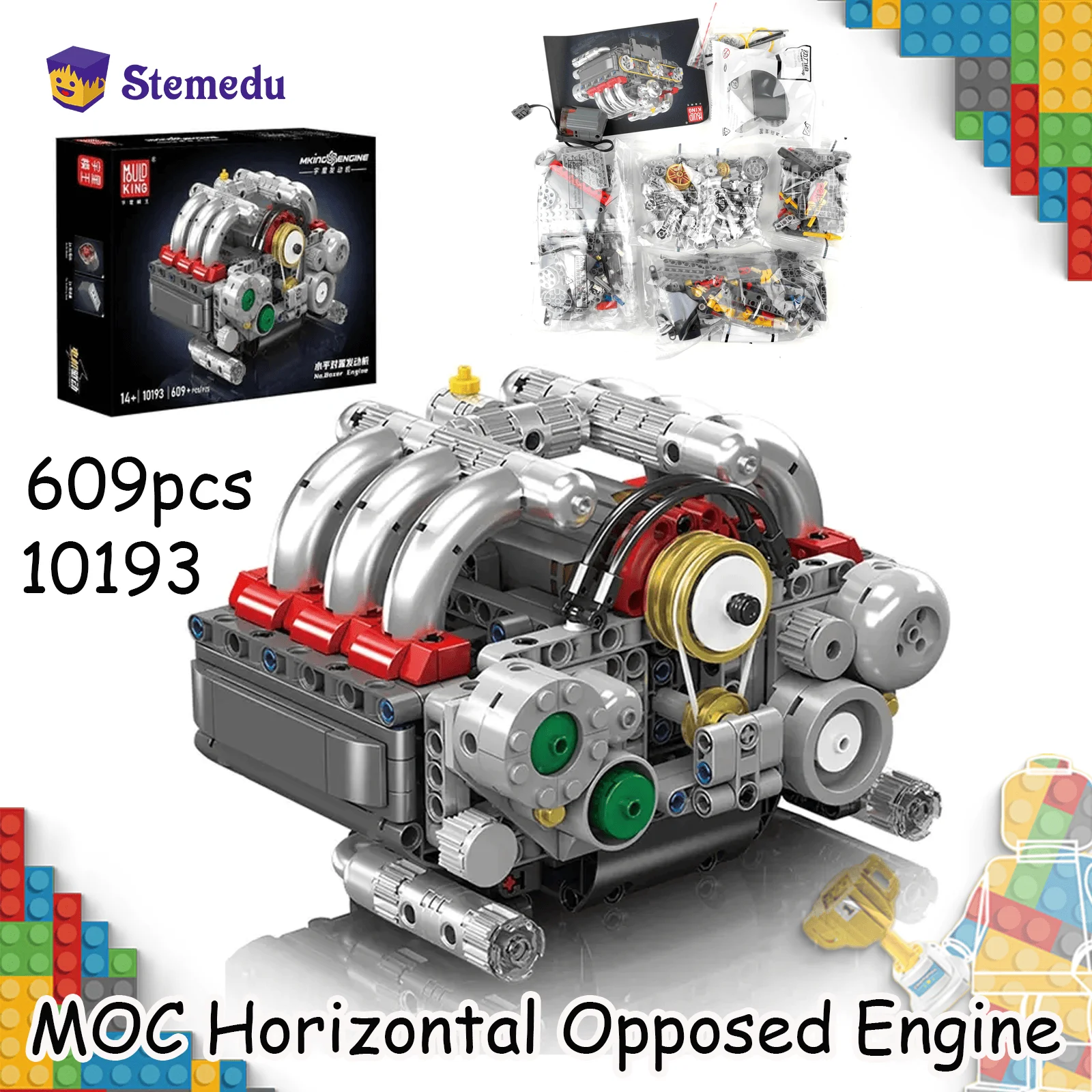 

Mould King 10193 609PCS Technical Motorized Boxer Engine Model Building Blocks MOC Horizontal Opposed Engine Set Kids Toy Gift
