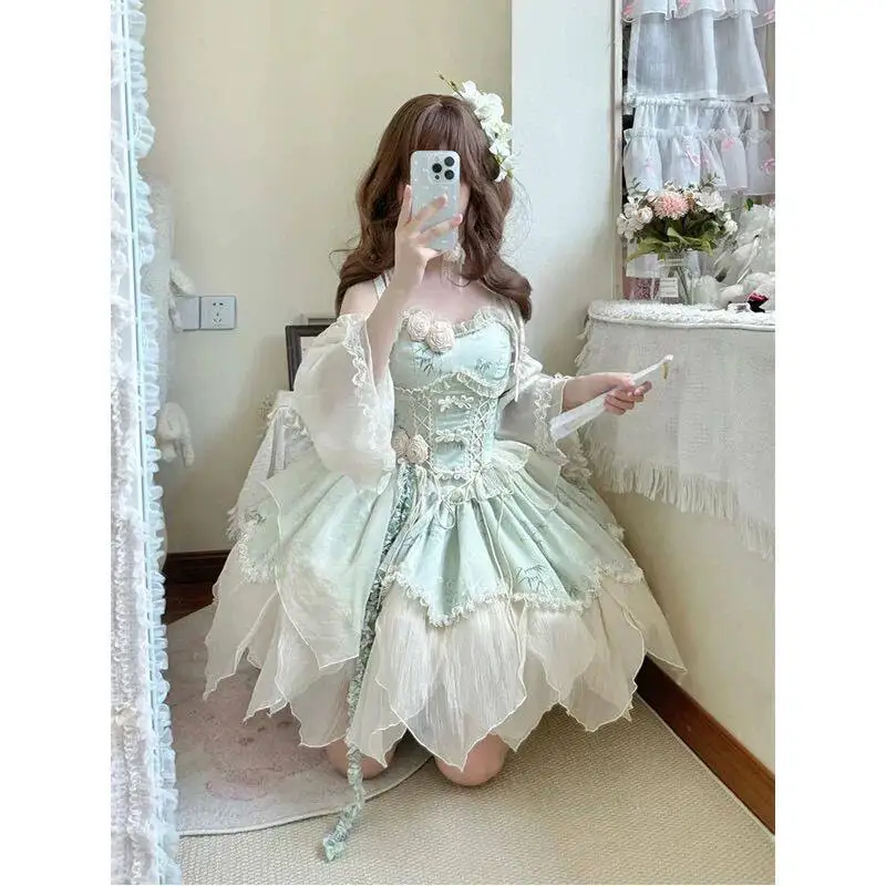 竹の葉プリント-バレエ-エレガント-フェアリー-ロリータドレス-ロリータプリンセスドレス-若い女の子の記念パーティー-ドレス