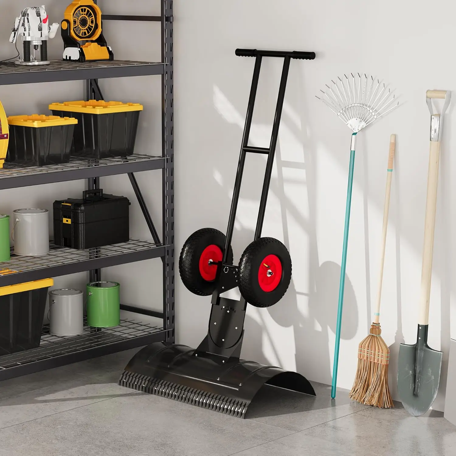 Heavy Duty Snow Shovel with Wheels, Carbon Steel Blade w/ Adjustable Ergonomic Handle for Driveway & Pavement Clearing