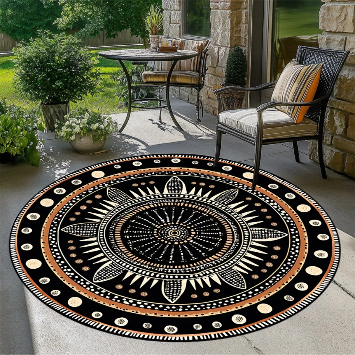 Chair Mat Hard Floor - African Geometric Round Rug, Durable Polyester,