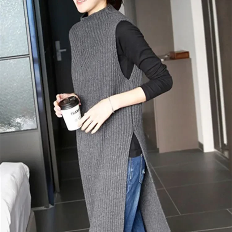 New Arrival Women's Knitted Pullover Medium-Length Half Polo/Turtle Neck Side Slit Sweater Vest Vest Dress