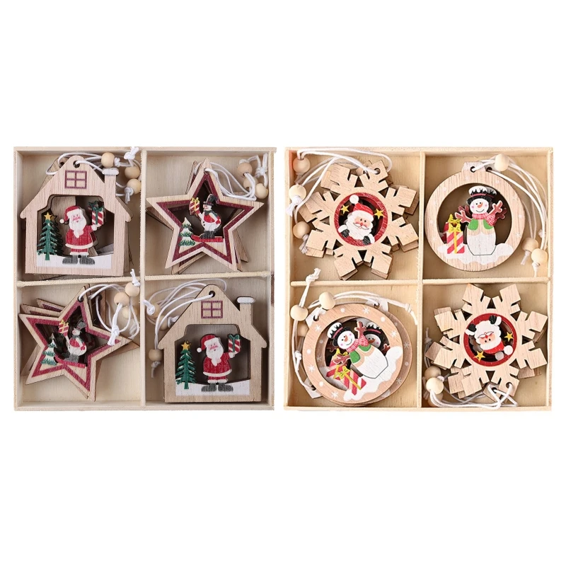 

12Pcs Christmas Tree Ornaments Set Wooden Santa Snowman Star House Snowflake Hanging Pendant Xmas Home Party Decor