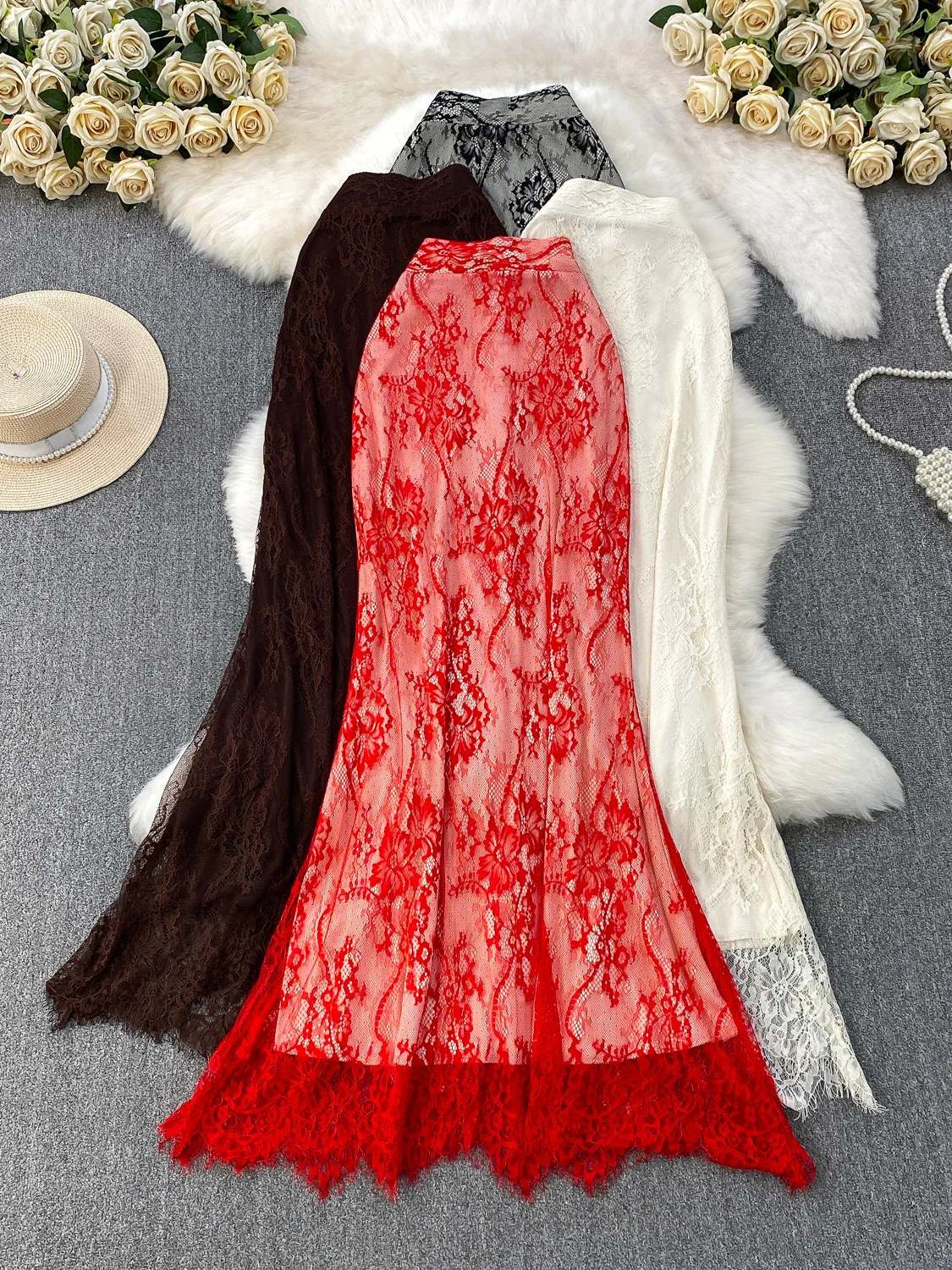 

Bla Lace Splice Slim Fit Asymmetrical Fi Tail Long Skirt Sexy Sle Women's Autumn Winter Faion Ele f-length Skirt